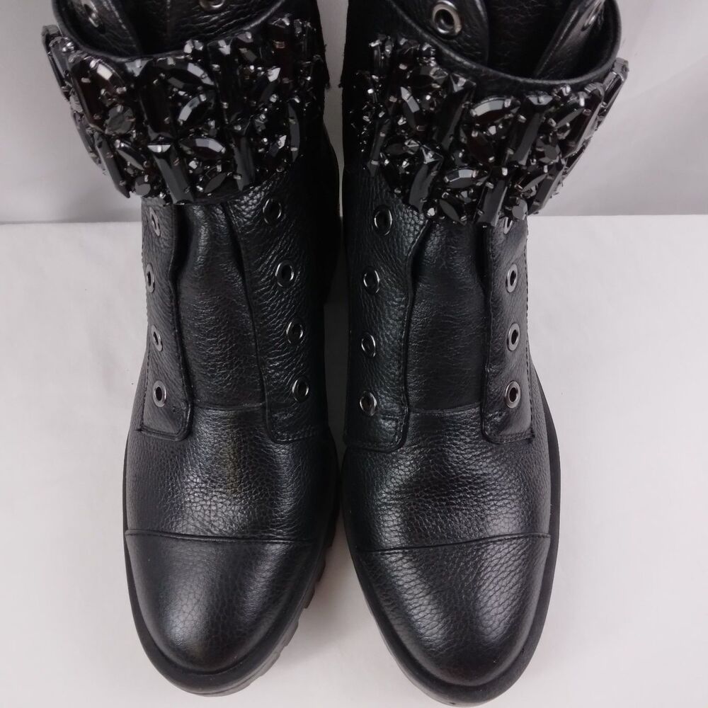 Karl Lagerfeld PIPPA Black Pebbled Leather Rhinestone Combat Boots Size 6M - Picture 6 of 16